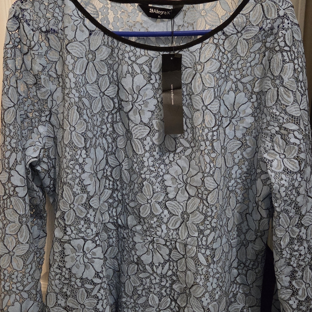 Allegra K Light Blue Floral Lace Blouse